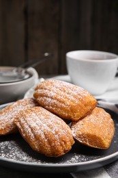 Photo of Delicious madeleine cakes with powdered sugar on table, closeup