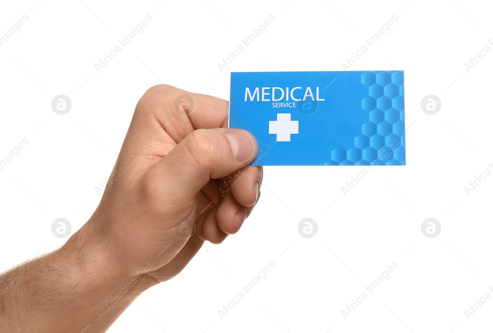 Photo of Man holding business card isolated on white, closeup. Medical service