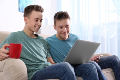 Photo of Teenage twin brothers together on sofa in living room