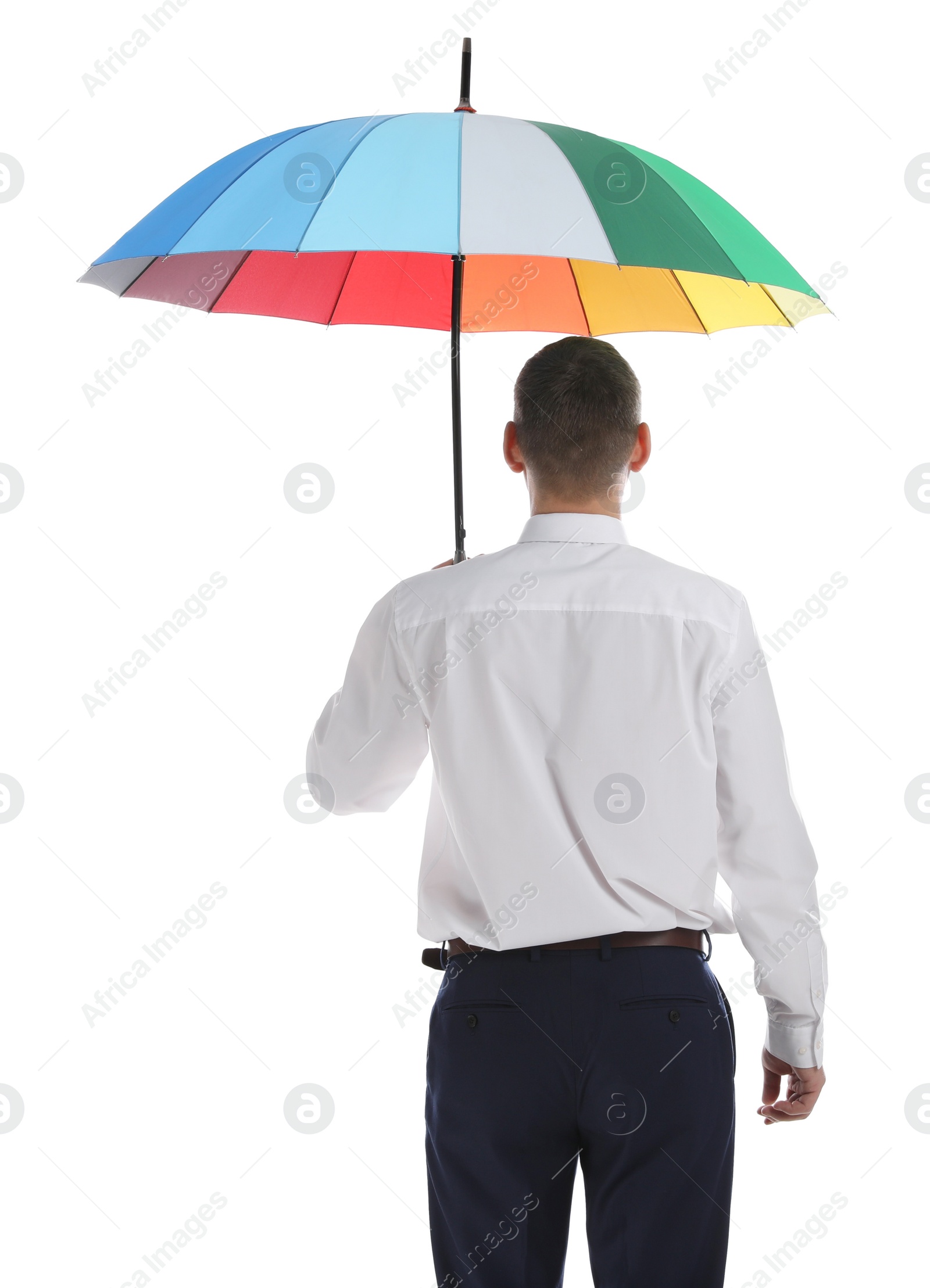 Photo of Businessman with rainbow umbrella on white background, back view