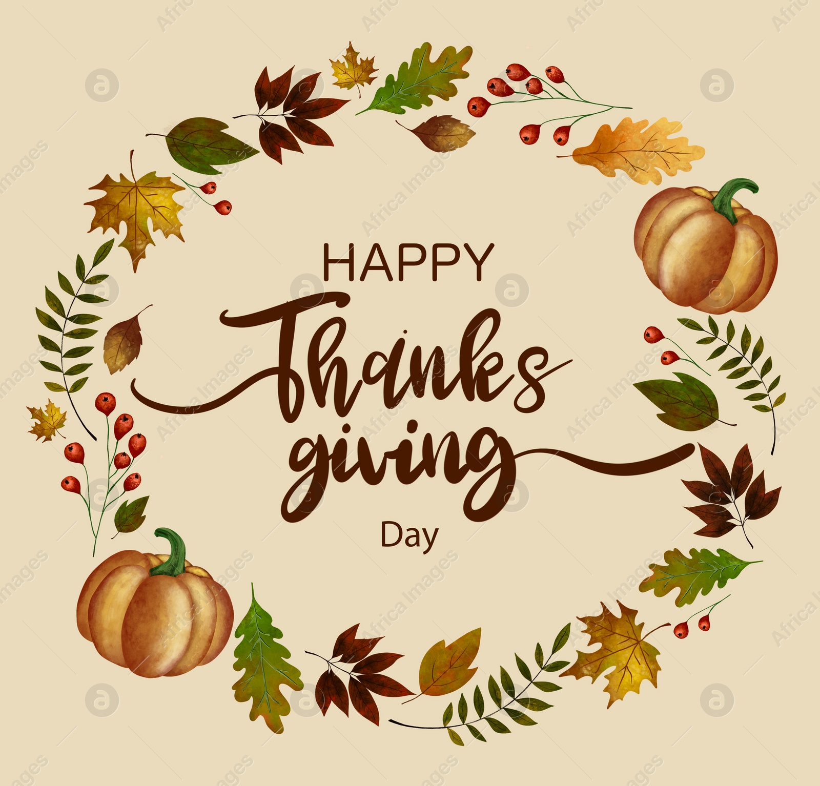 Illustration of Thanksgiving day card design. Text in frame with autumn leaves and pumpkins on beige background, illustration