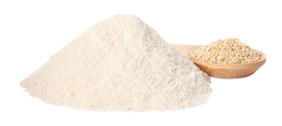 Photo of Pile of quinoa flour and spoon with seeds on white background