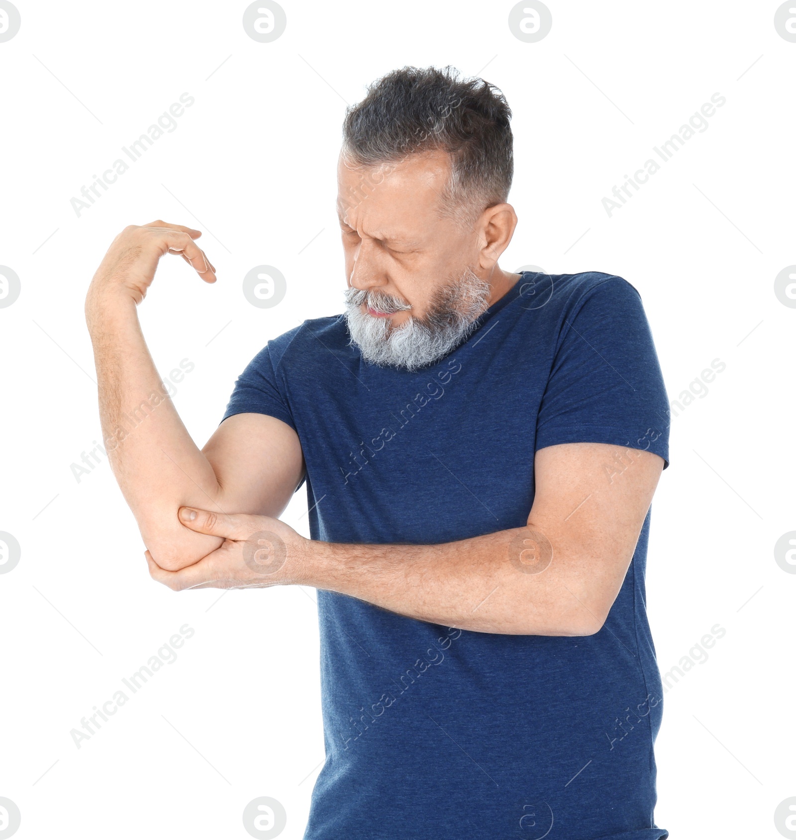 Photo of Man suffering from elbow pain on white background