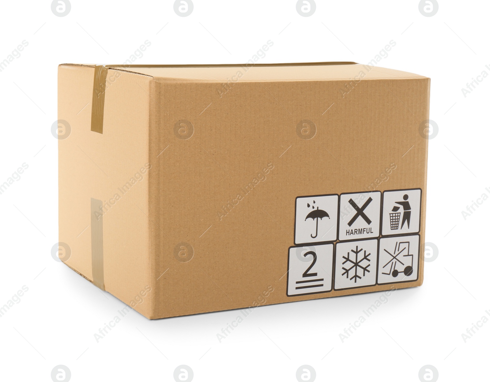 Photo of Cardboard box with different packaging symbols isolated on white. Parcel delivery