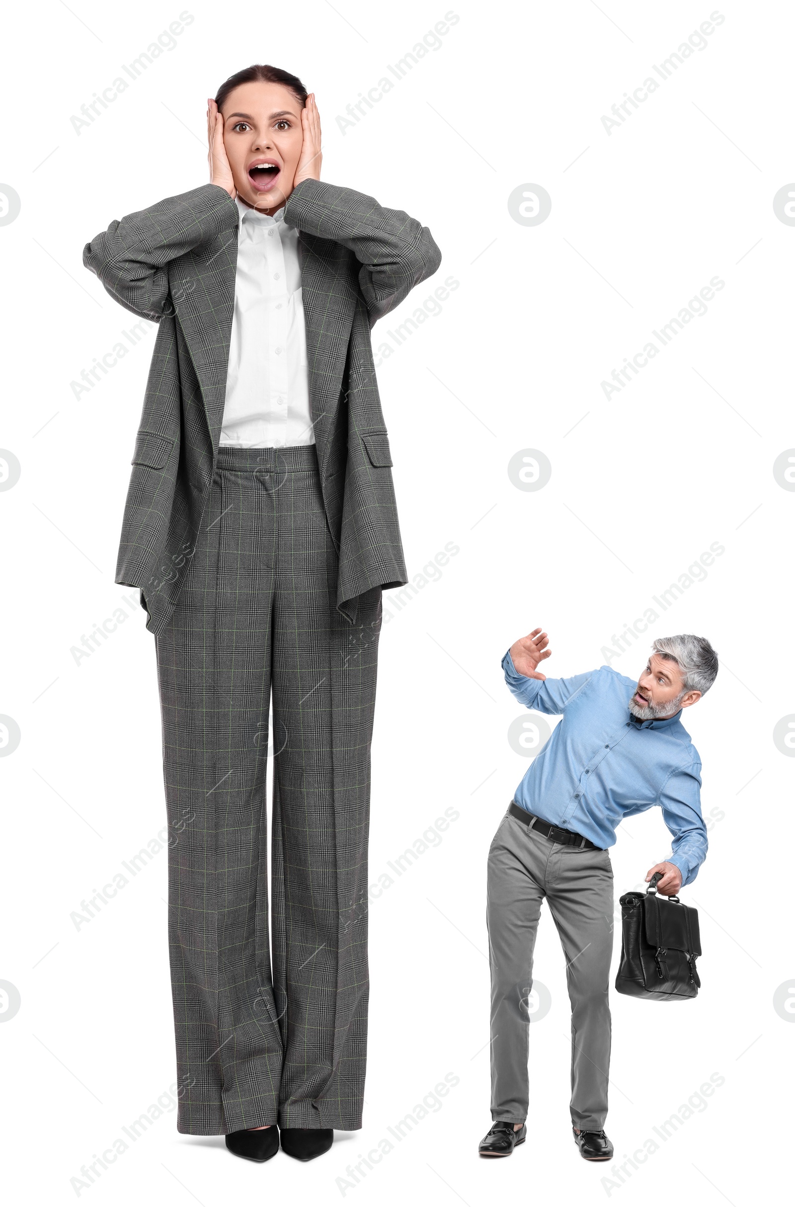 Image of Shocked giant woman and small man on white background