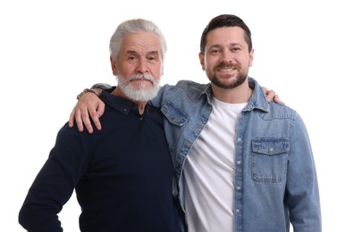 Photo of Happy son and his dad on white background