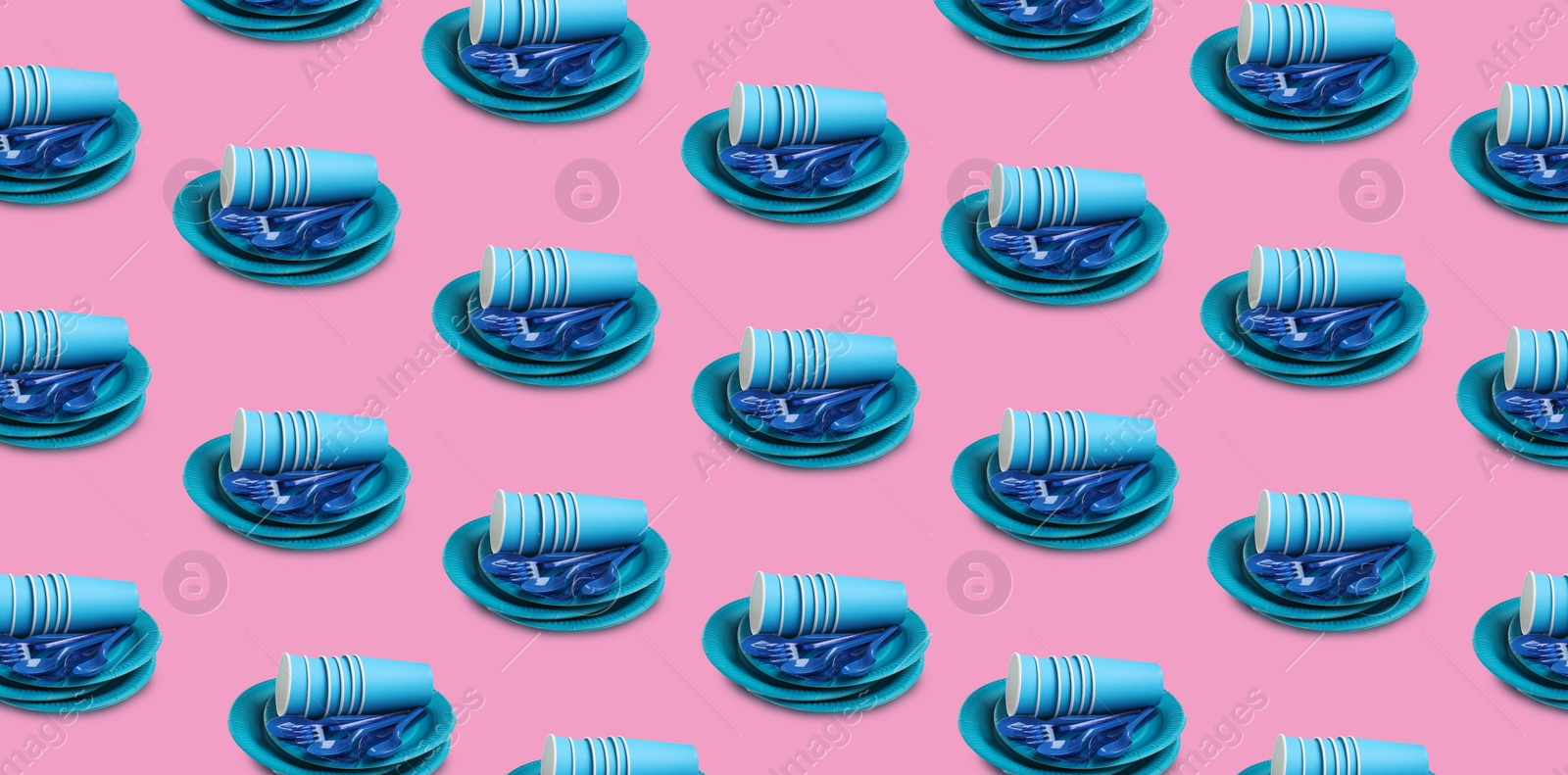 Image of Many disposable tableware on pink background. Seamless pattern design