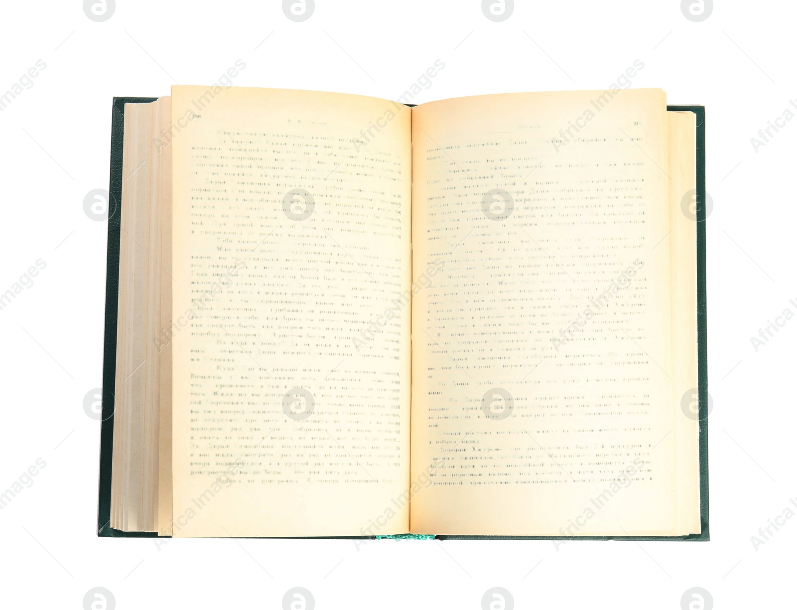 Photo of Open book with hard cover isolated on white, top view