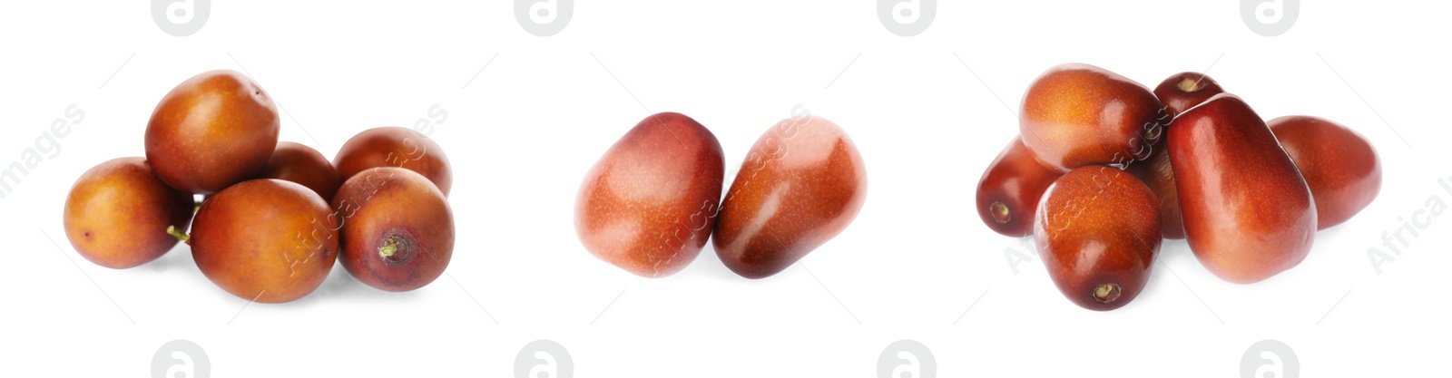 Image of Set with fresh ripe palm oil fruits on white background. Banner design