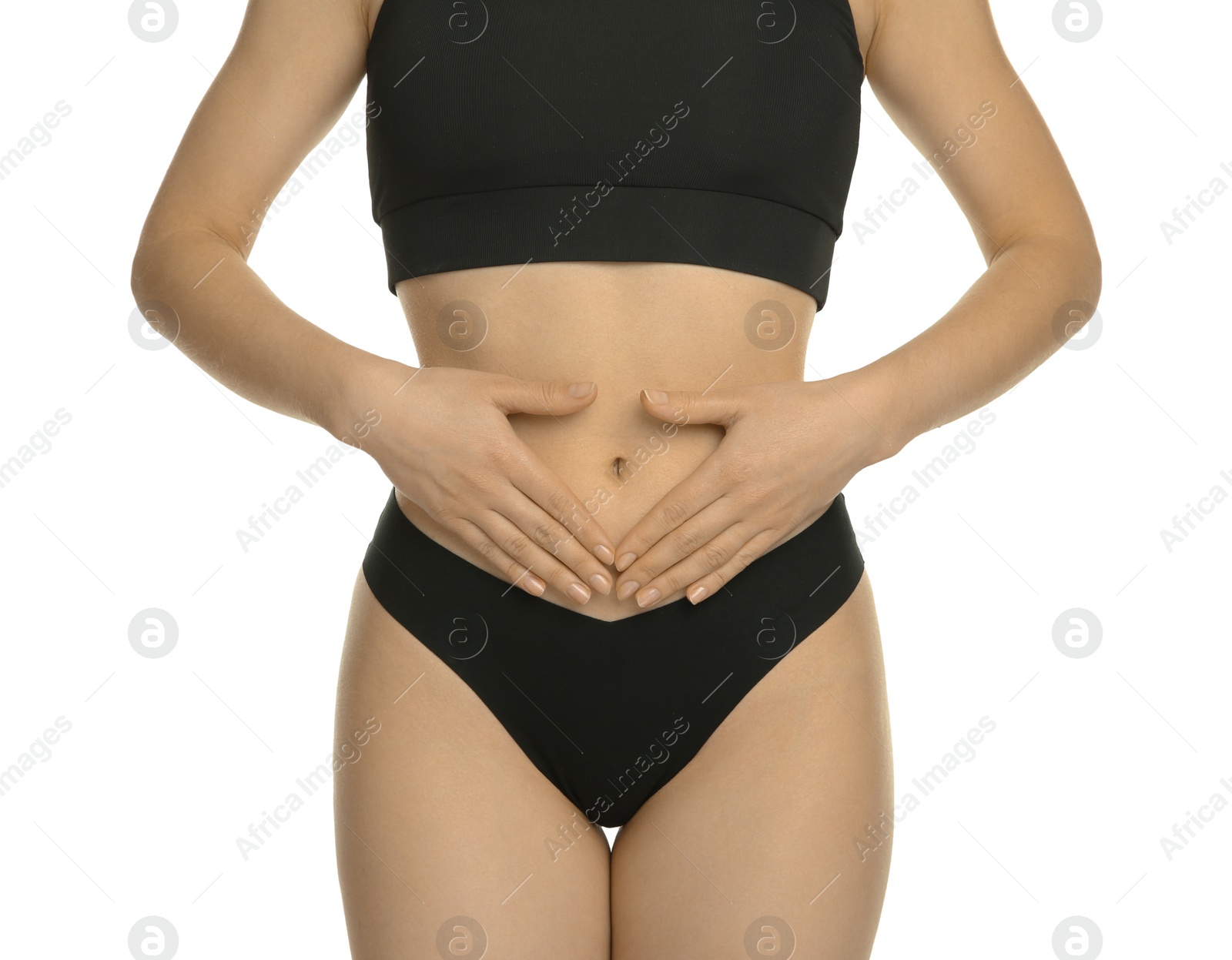 Photo of Gynecology. Woman in underwear on white background, closeup