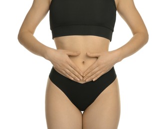 Photo of Gynecology. Woman in underwear on white background, closeup