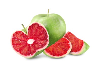 Image of Genetically modified apple with red orange on white background