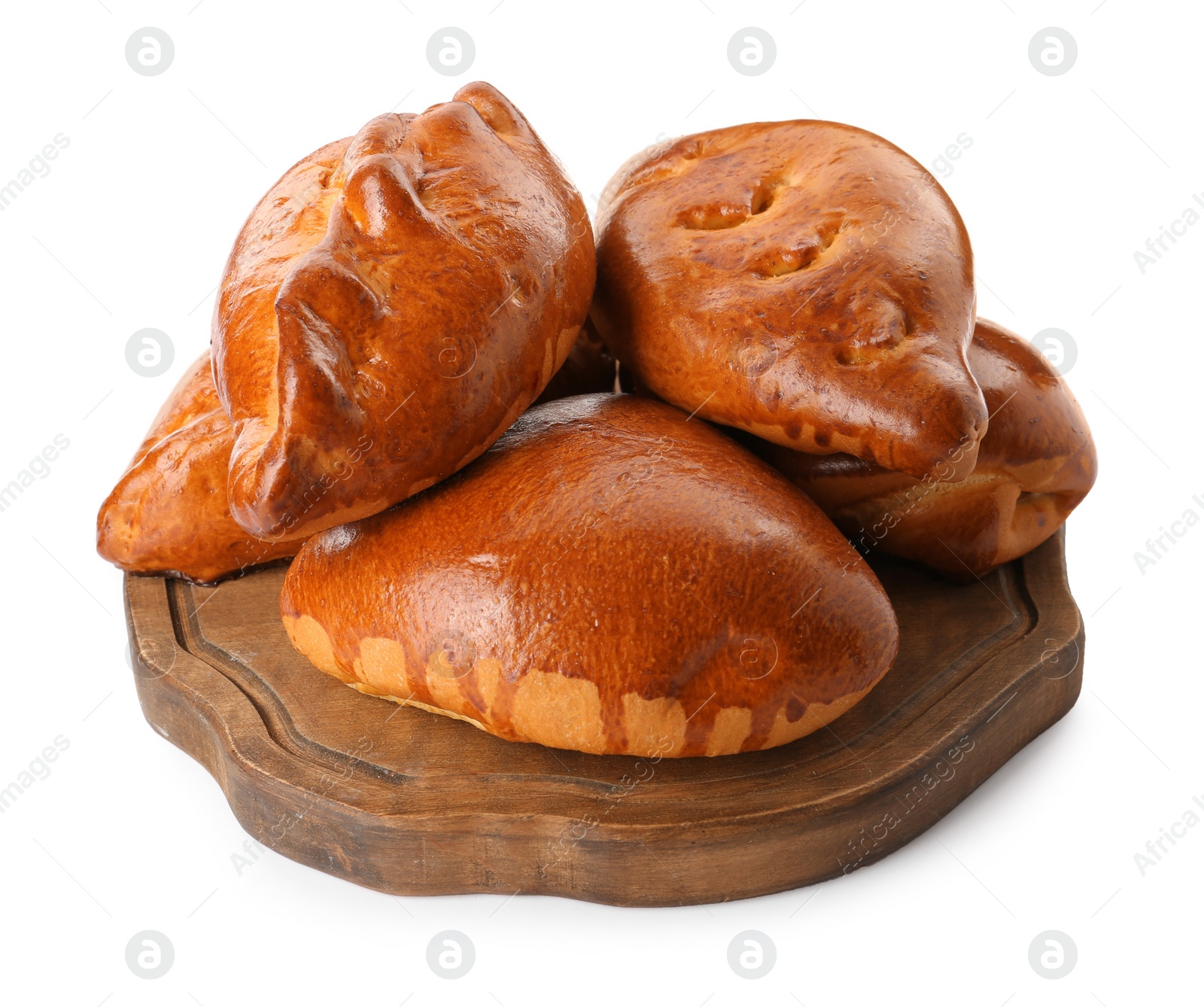 Photo of Wooden board with delicious baked patties on white background