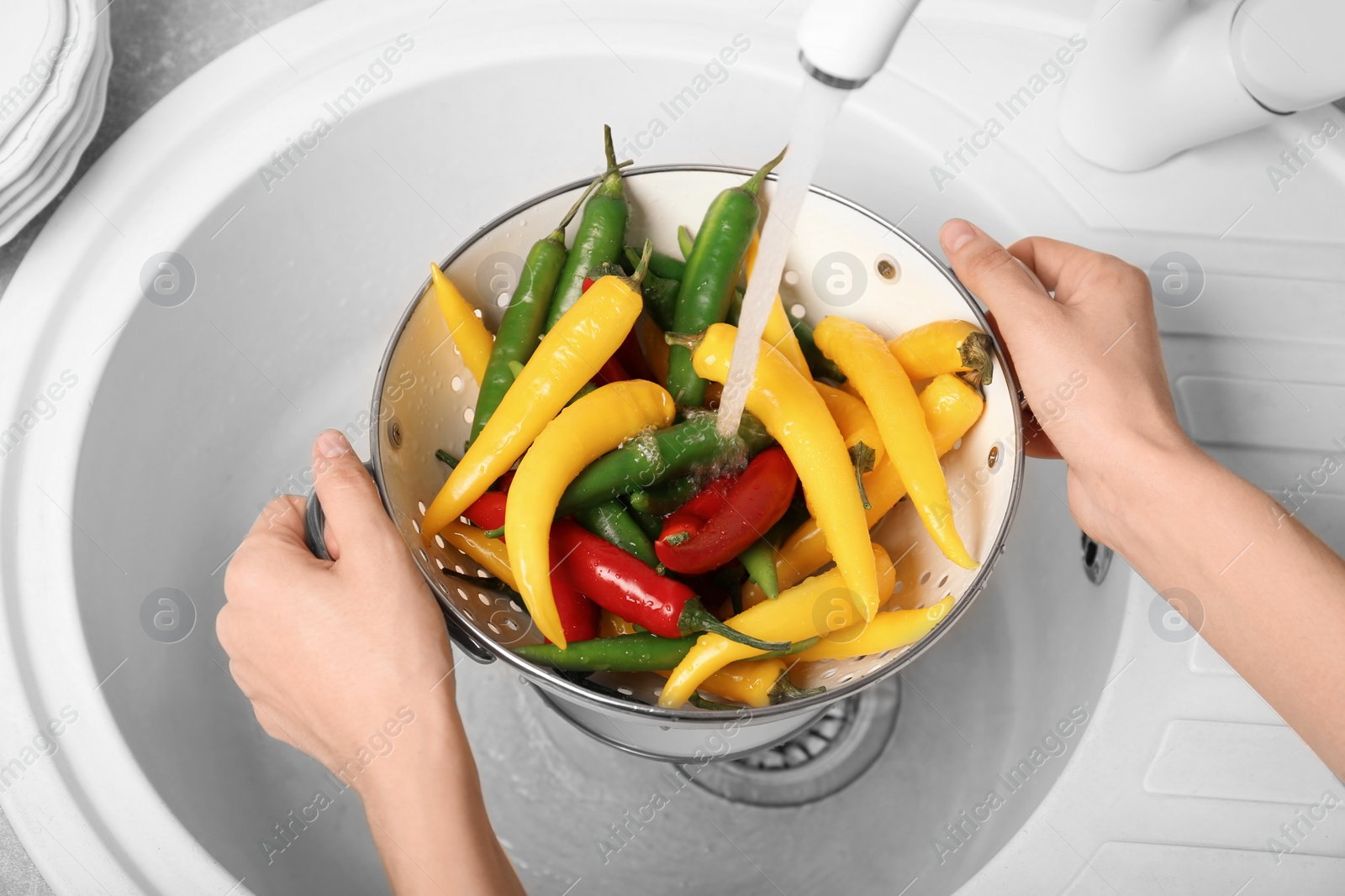 Photo of Woman washing chili peppers over sink, closeup