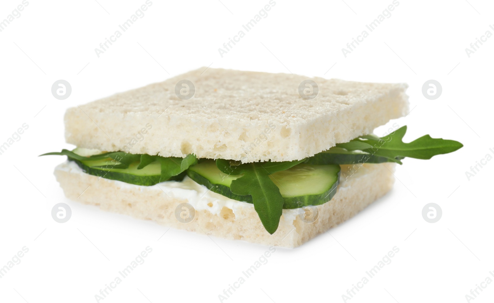 Photo of Tasty cucumber sandwich with arugula isolated on white