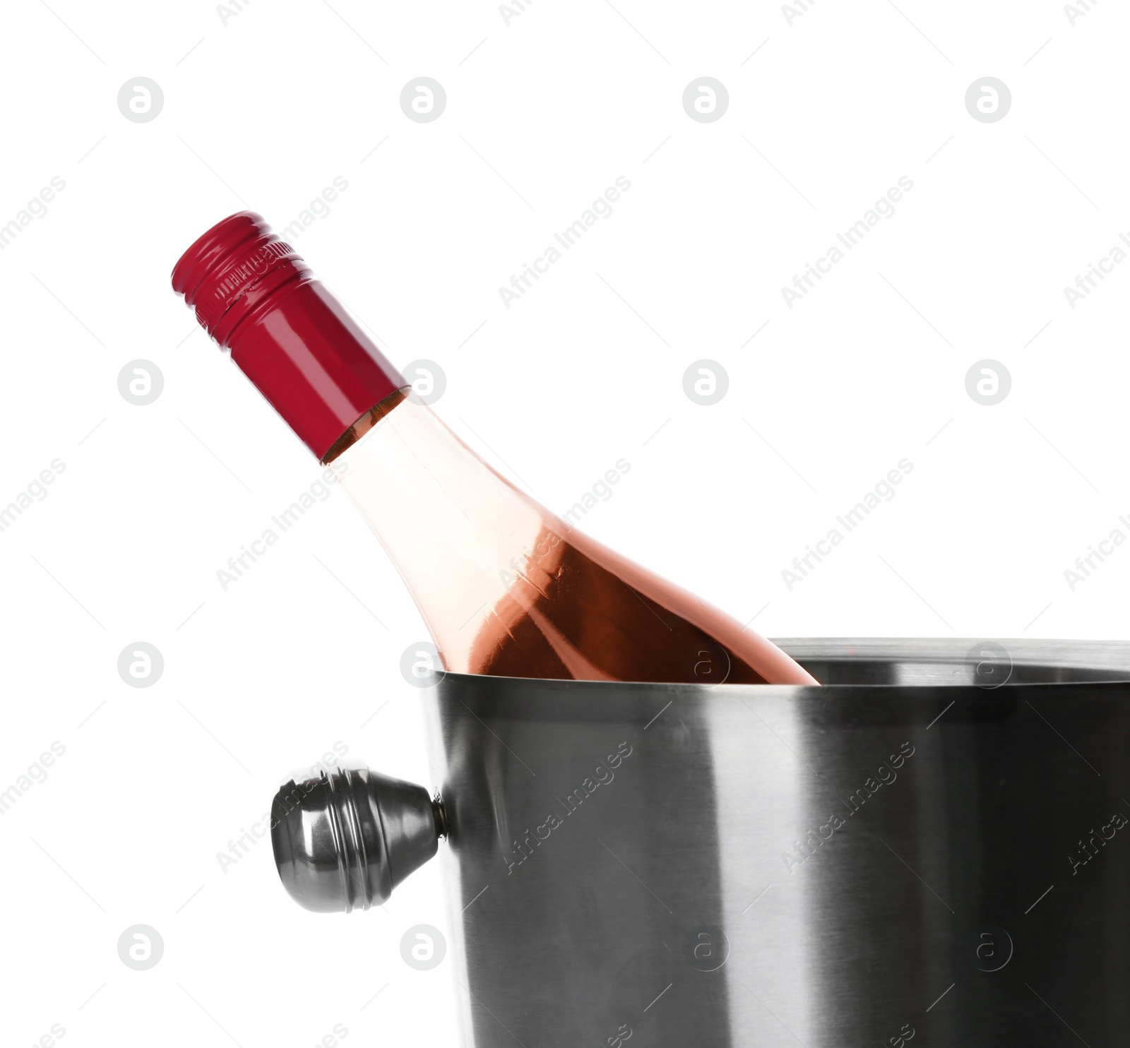 Photo of Bottle of rose champagne in bucket on white background