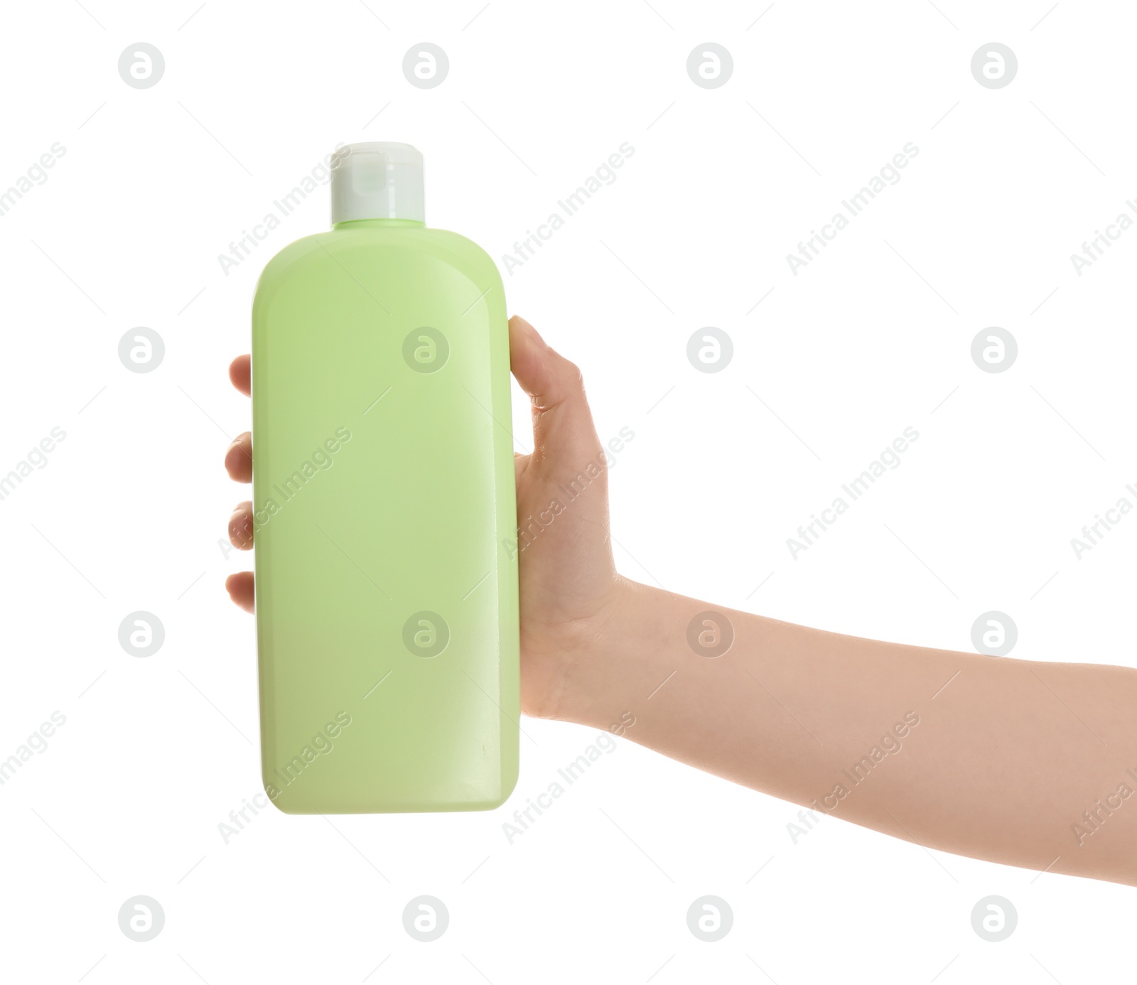 Photo of Woman holding bottle of shower gel on white background, closeup. Mockup for design