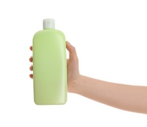 Woman holding bottle of shower gel on white background, closeup. Mockup for design