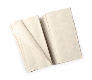 Photo of Two stacks of paper towels on white background, top view