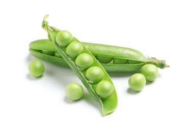 Photo of Delicious fresh green peas on white background