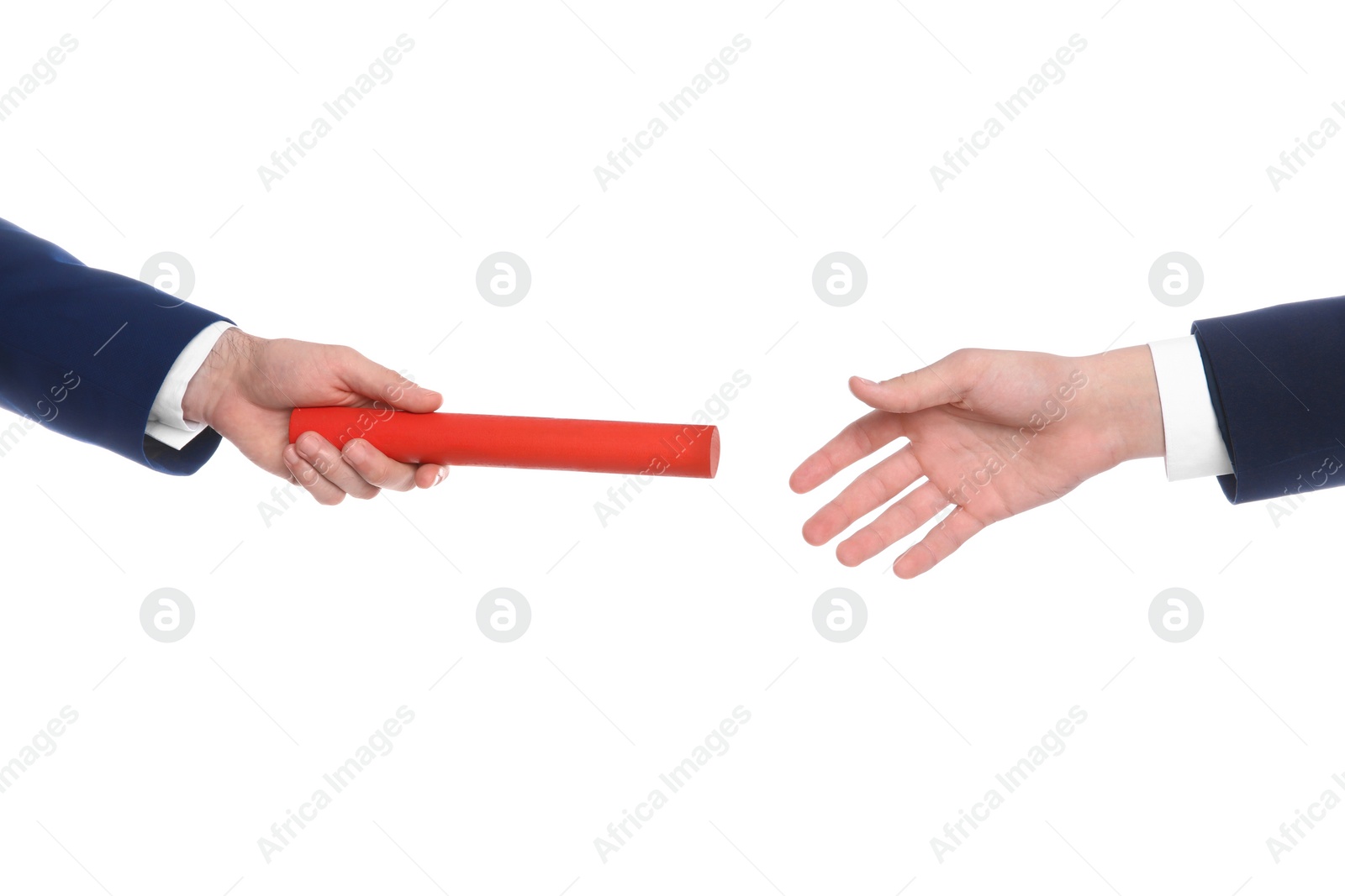 Photo of Businessman passing baton to his partner on white background, closeup