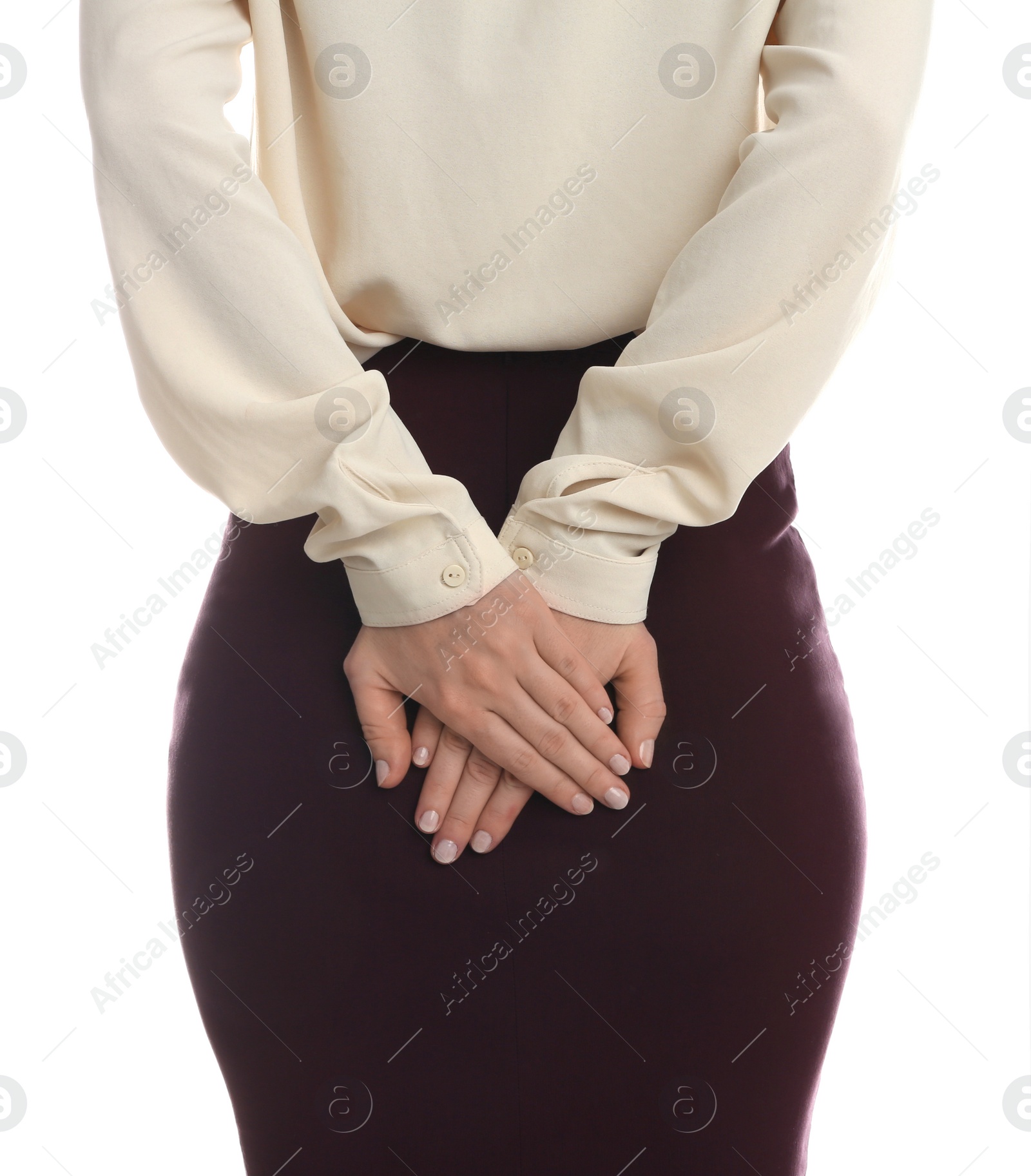 Photo of Woman suffering from hemorrhoid on white background, closeup