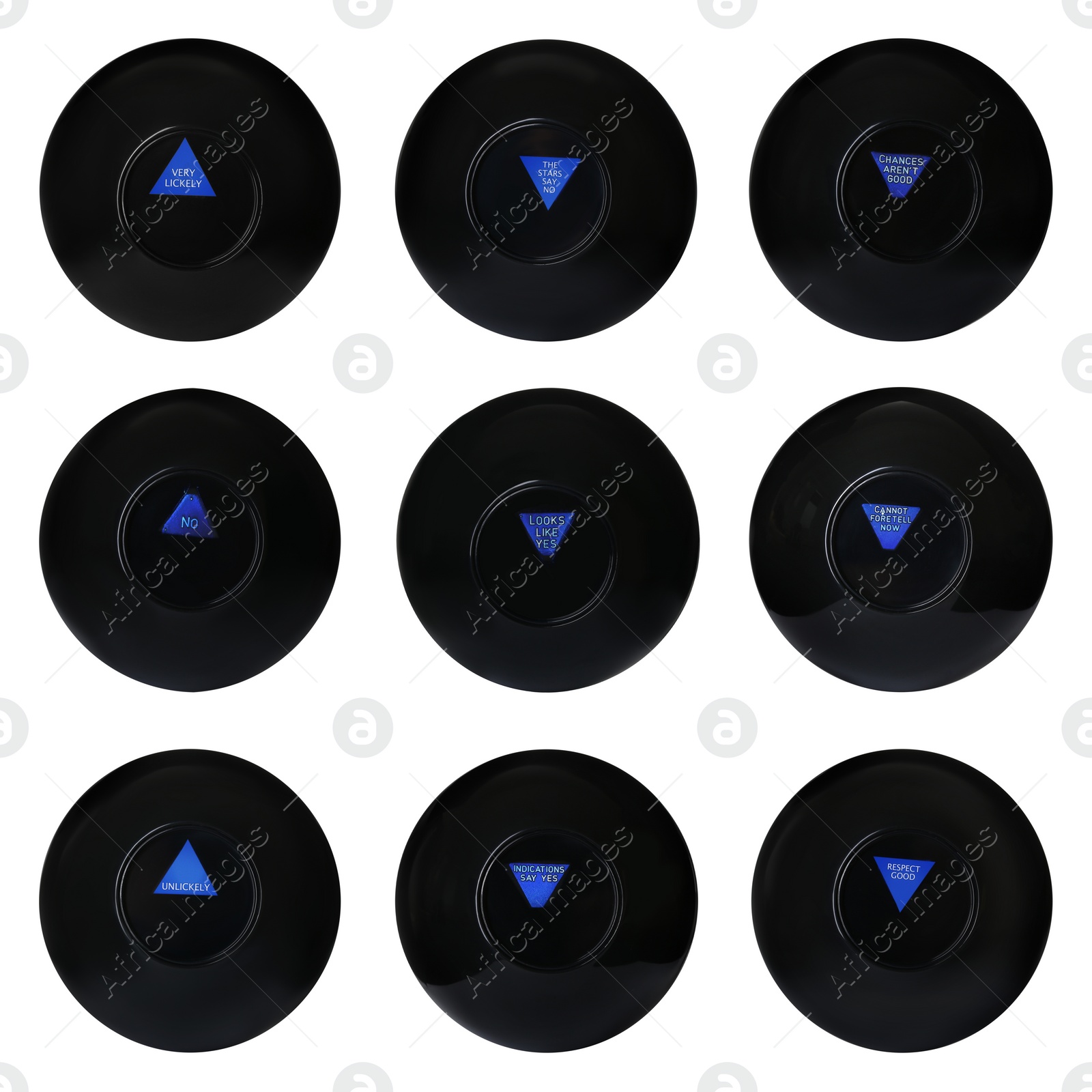 Image of Magic eight ball with different predictions isolated on white, collection