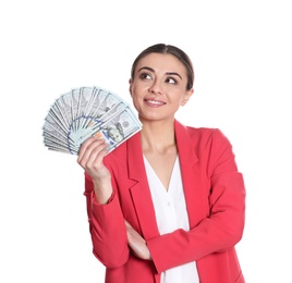 Photo of Portrait of young woman holding money banknotes on white background