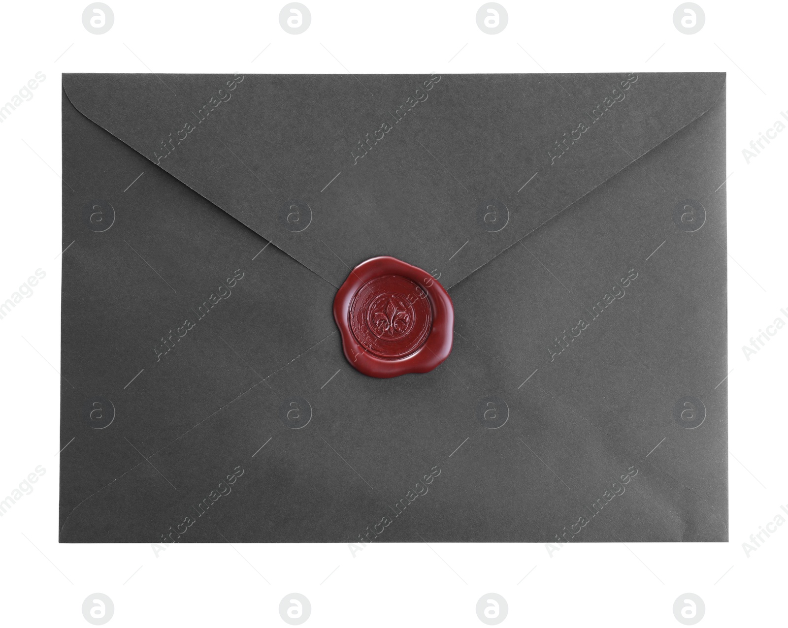 Photo of Black envelope with wax seal isolated on white, top view