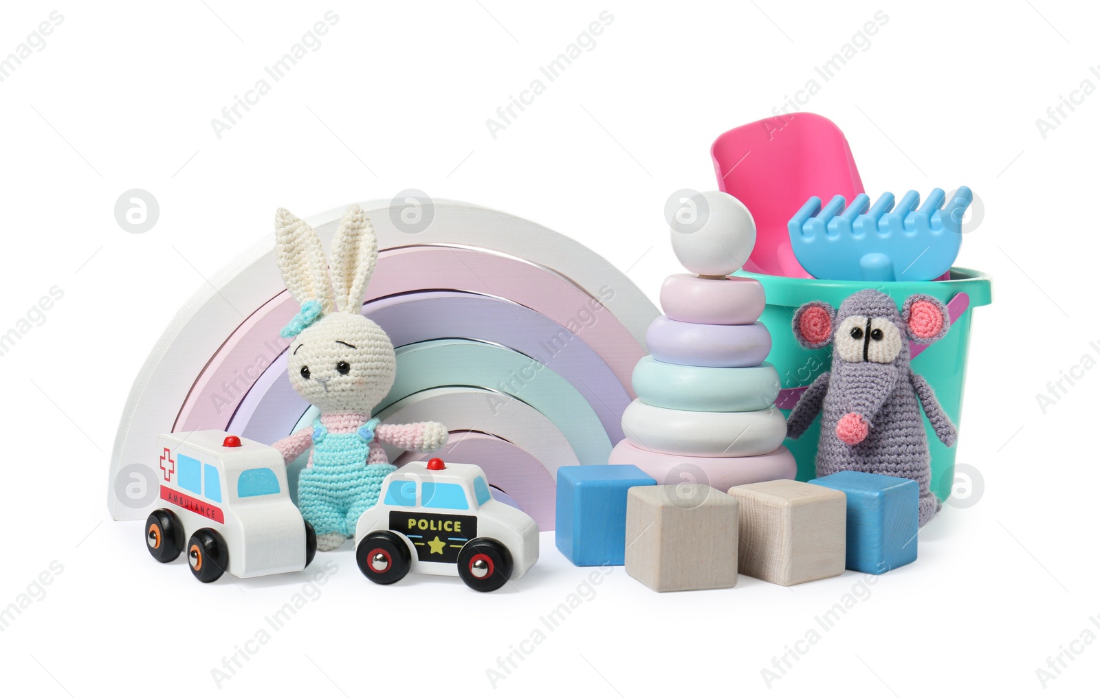 Photo of Many different children's toys isolated on white