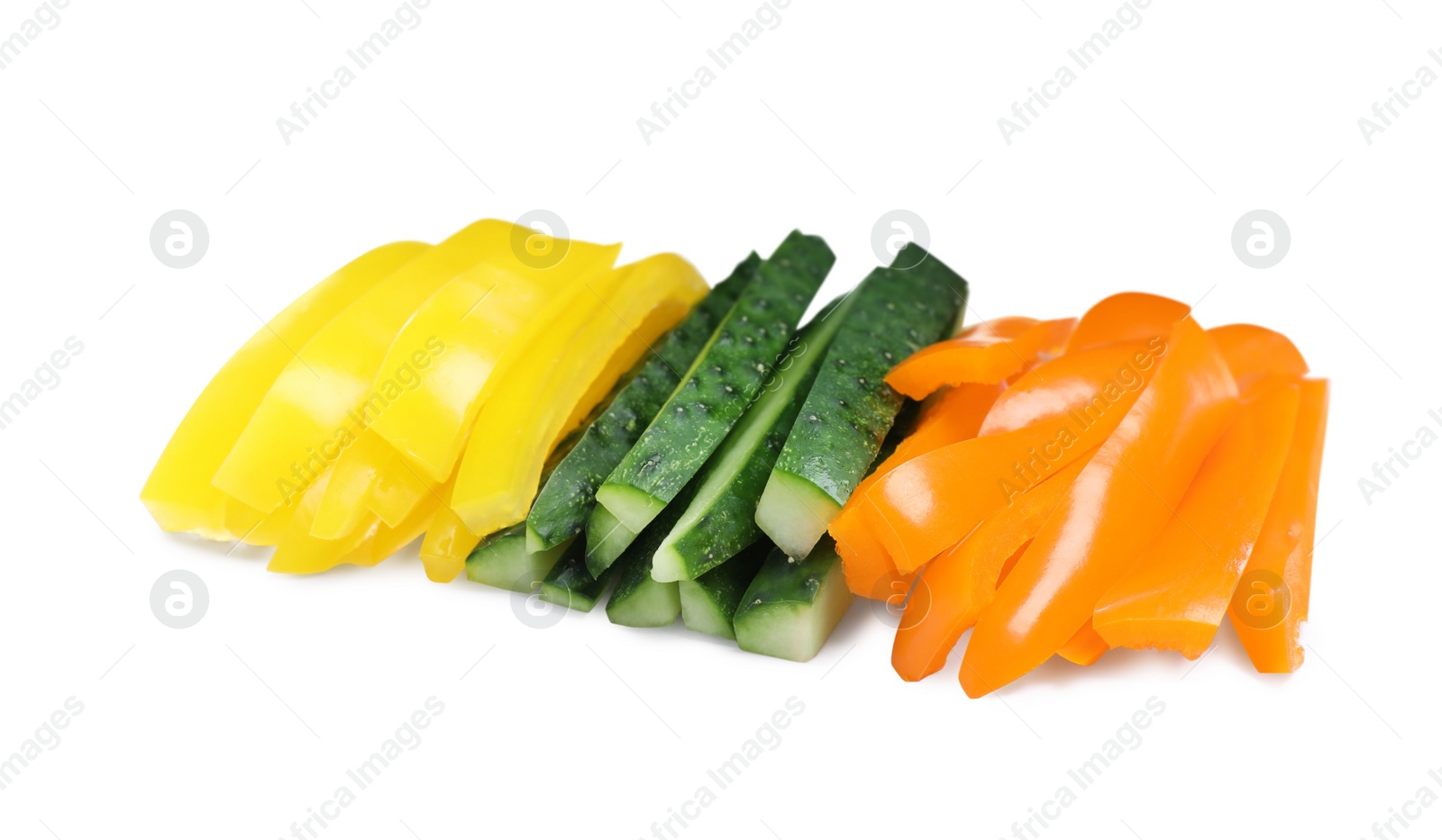 Photo of Different vegetables cut in sticks on white background