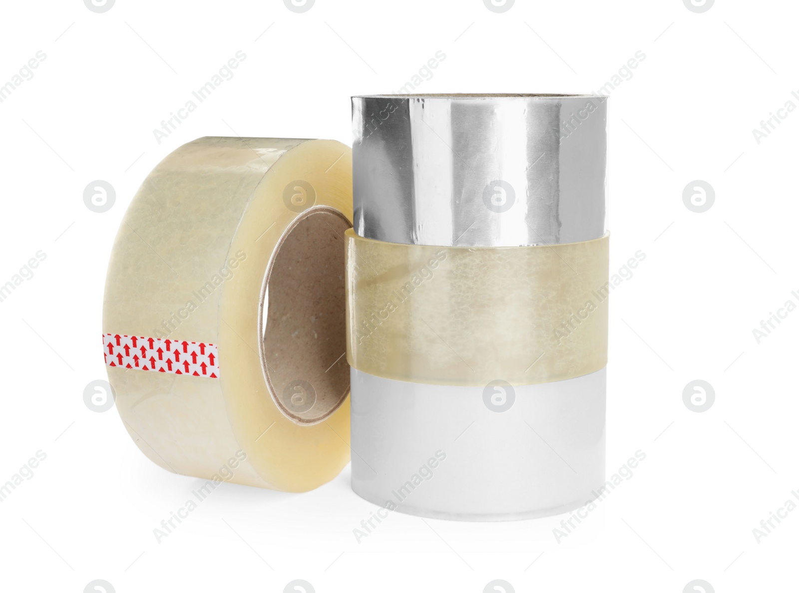 Photo of Many different rolls of adhesive tape on white background