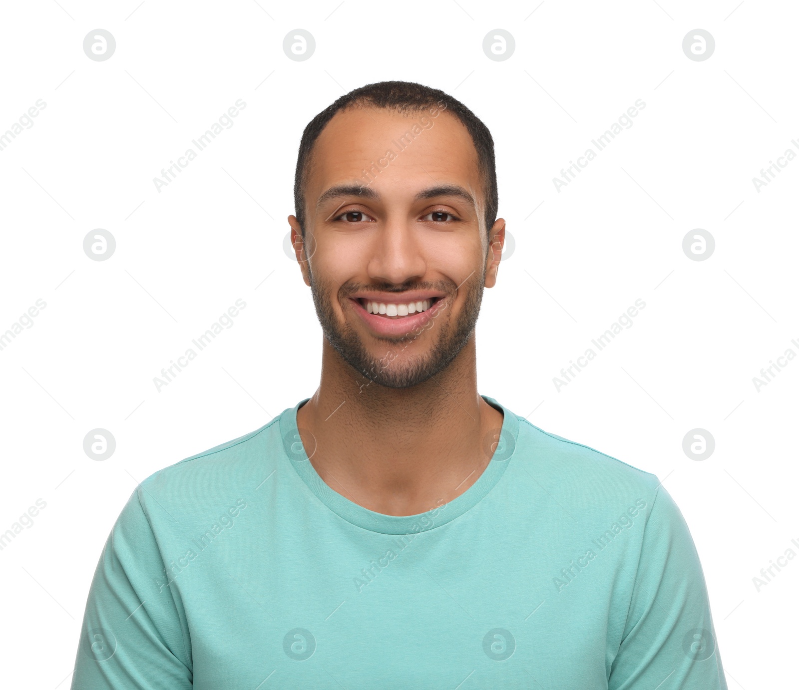 Photo of Portrait of smiling man with healthy clean teeth on white background