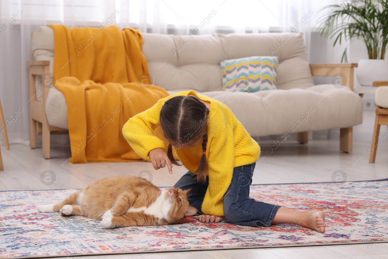 Photo of Little girl and cute ginger cat on carpet at home
