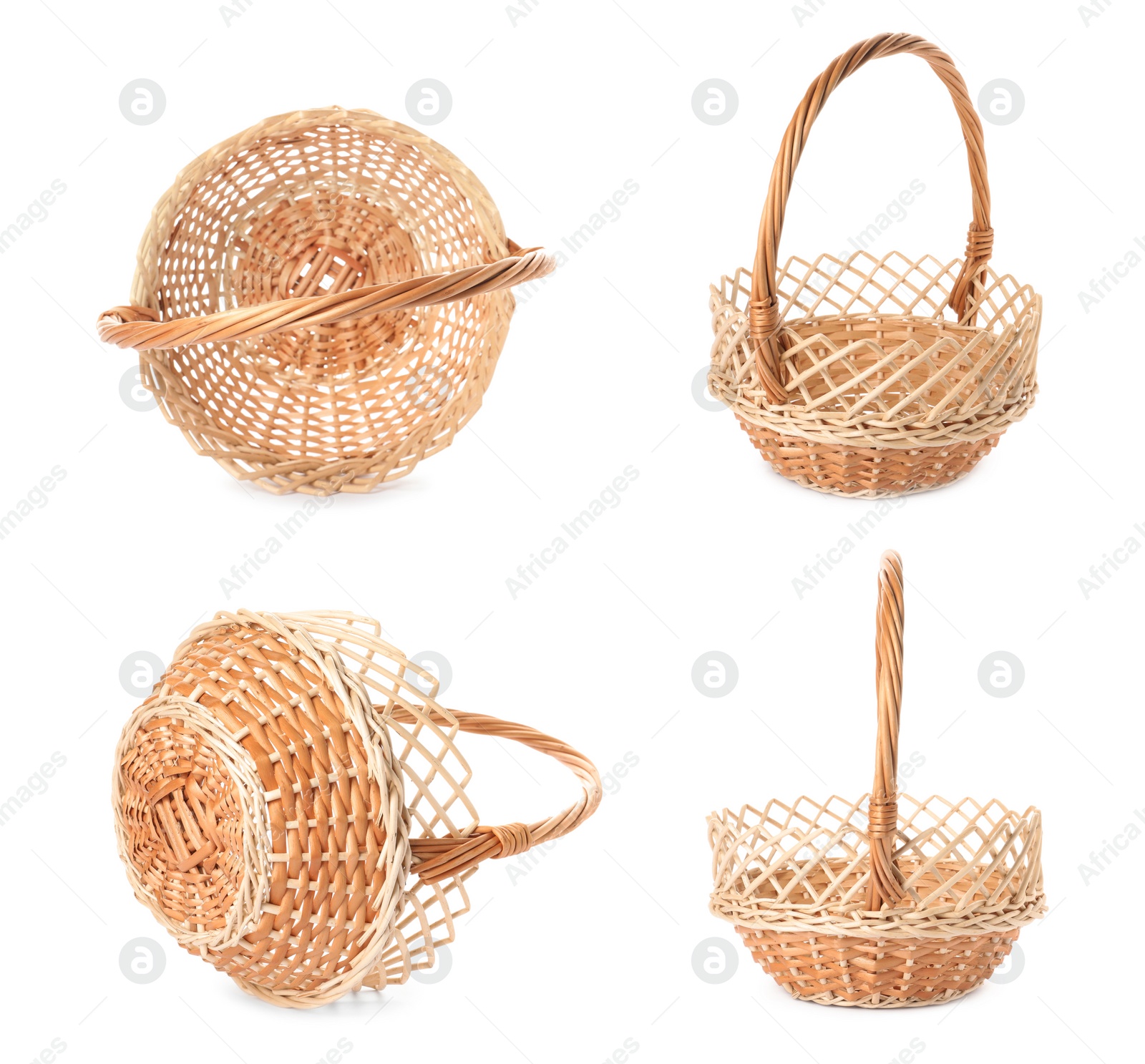 Image of Set with empty wicker baskets on white background