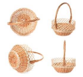 Set with empty wicker baskets on white background