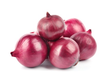 Photo of Fresh whole red onions on white background