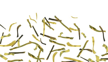 Shiny golden confetti falling on white background