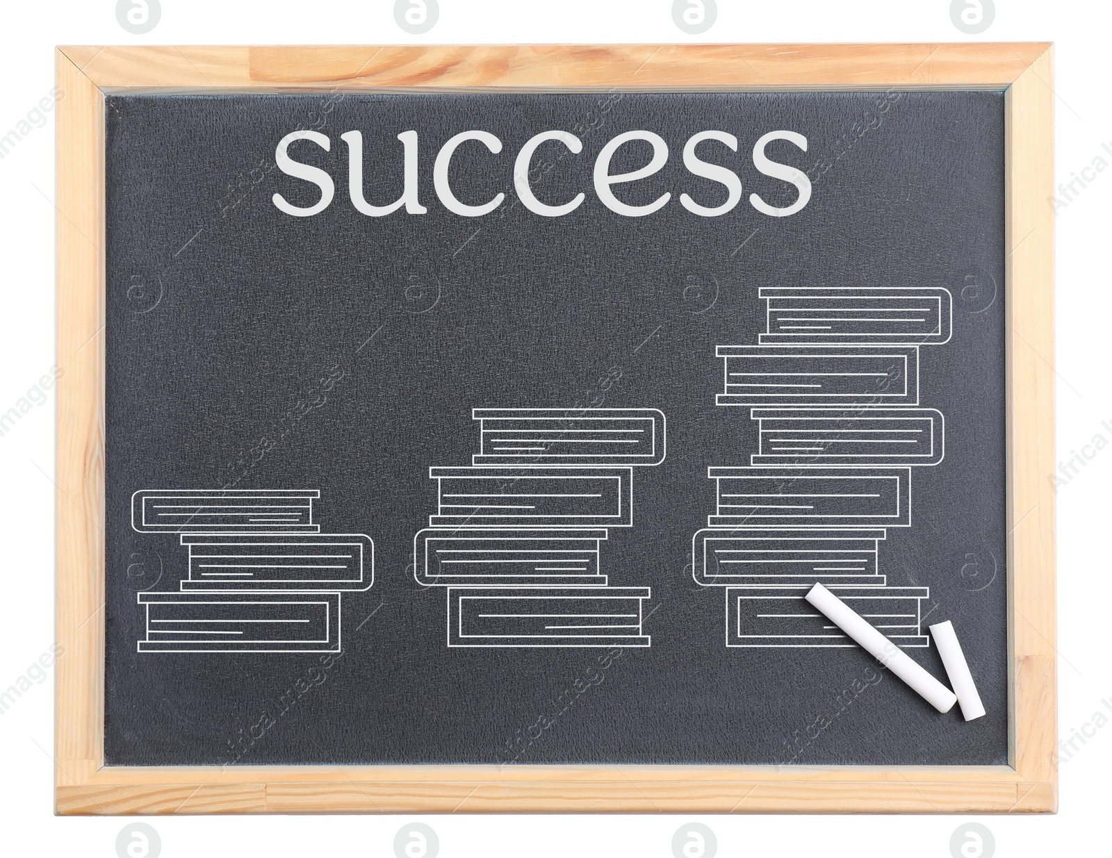 Image of Books and word Success drawn on chalkboard against white background. Career promotion concept