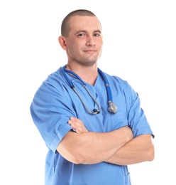 Photo of Portrait of medical assistant with stethoscope on white background