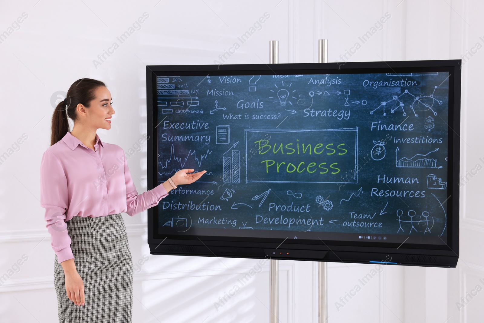 Photo of Business trainer using interactive board in meeting room