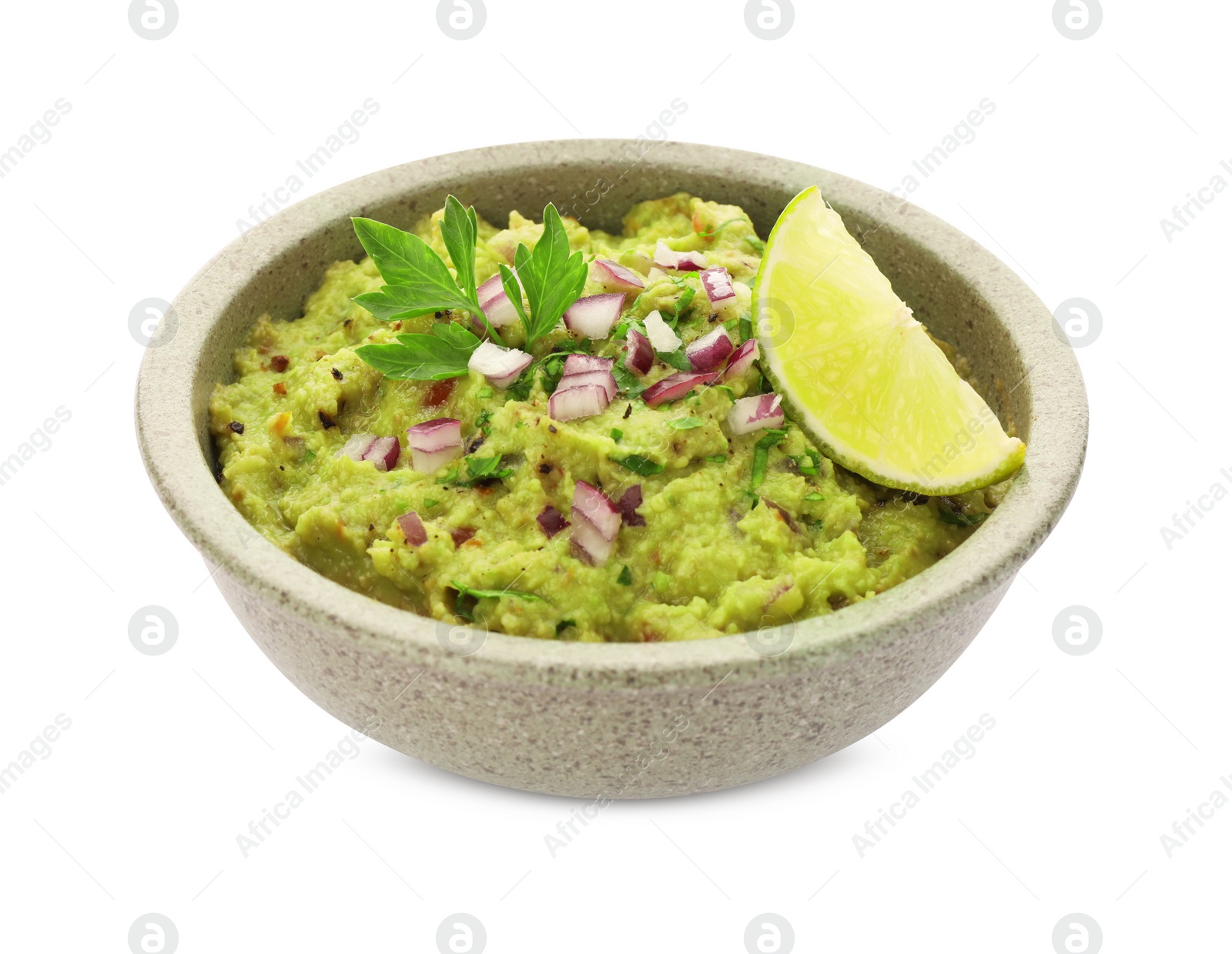 Photo of Bowl of delicious guacamole with lime isolated on white