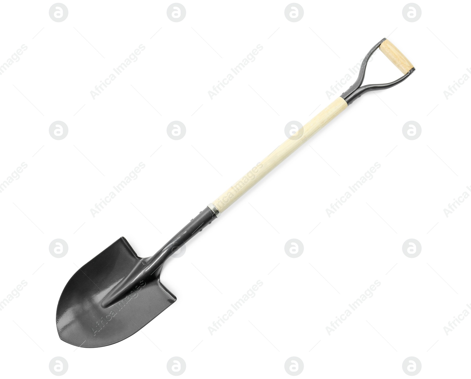 One new shovel with wooden handle isolated on white. Gardening tool Photo of One new shovel with wooden handle isolated on white. Gardening tool