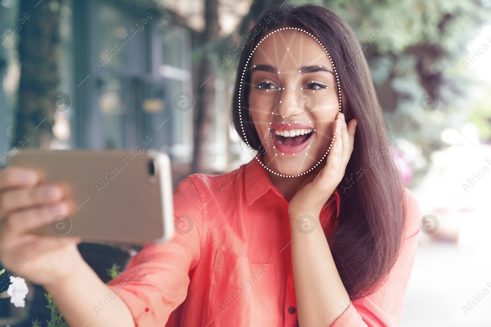 Image of Facial recognition system. Woman with digital biometric grid, outdoors