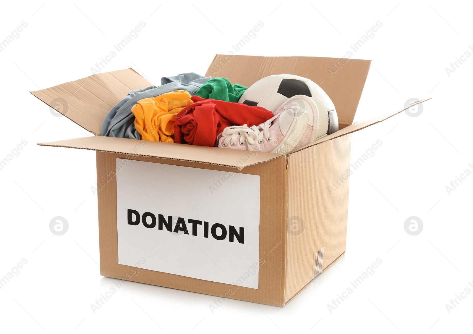 Photo of Carton box with donations on white background
