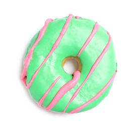 Photo of Sweet delicious glazed donut on white background, top view