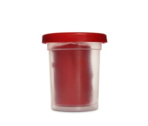 Photo of Plastic container of red play dough isolated on white