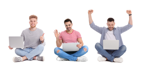 Collage of young men with laptops on white background. Banner design 