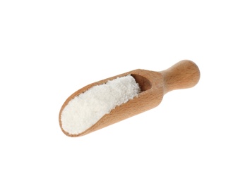 Photo of Wooden scoop with salt isolated on white