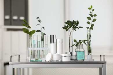Many containers and glass tubes with leaves on white table indoors